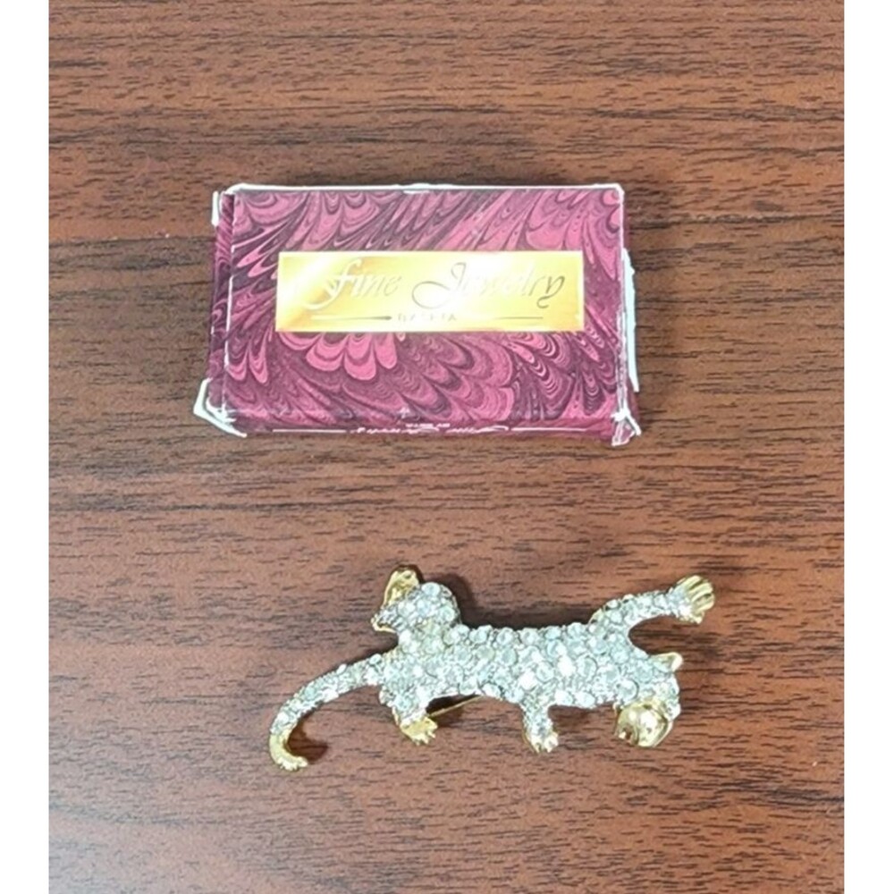 Vintage Gold Tone Clear Rhinestone Leopard Brooch